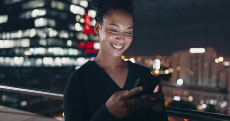 Canvas Print - Night, social media and business woman with a phone for 5g communication, reading email and chat in the city of Singapore. Funny, online and laughing worker on a mobile app during overtime for work