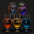Wyniki tłumaczenia Tłumaczenie drinks in different glasses of colors on a black background realistic details