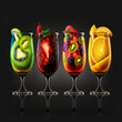 Wyniki tłumaczenia Tłumaczenie drinks in different glasses of colors on a black background realistic details