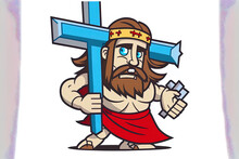 Cartoon Representation Of Jesus Christ Bearing A Cross. Illustration Of An Adorable Mascot. White Background In Isolation. Generative AI