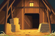 Inside a barn. Exact cartoon of a hamlet backdrop with a wooden building in the countryside and a pack of square haystacks. Generative AI