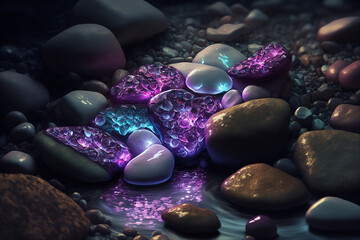 Wall Mural - Purple gemstone, Beautiful transparent stone in a mountain stream, closeup, wallpaper, background