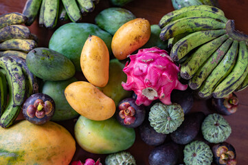 Set of Balinese fruits and vegetables . Flat lay