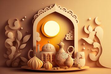 Canvas Print - Background of Islamic decorating with teapot, date fruit, window, cartoon style lamp, iftar, mawlid, ramadan kareem, eid al fitr adha, muharram, and copy space. Generative AI