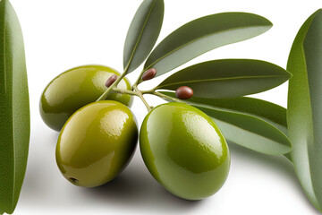 Poster - Green olives with leaves that are delicious, isolated on a white background. Generative AI