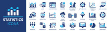 Statistics Icon Set. Containing Data, Web Statistics, Survey, Prediction, Presentation, Cloud Analysis And Pie Chart Icons. Solid Icon Collection.