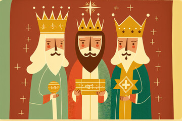 Wall Mural - Retro Christmas card featuring the three kings presenting Jesus with presents. cartoonish artwork. Generative AI