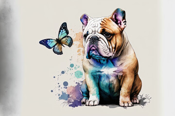 Wall Mural - Bulldog. Wall decal. On a white backdrop, paint a watercolor style image of a bulldog puppy holding a butterfly in the foreground. distinct layer electronic art. Generative AI