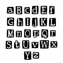 Old Vintage Style Anonymous Black And White Alphabet. Paper Cut Out From Magazine Maniac Note.