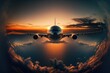 airplane flying over the sunset, generative ai composite