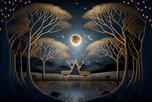 3d Modern Art Mural Wallpaper With Night Landscape With A Dark Black Background With Stars And Moon, Golden Trees, Deers, And Gold Waves