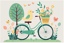 Vector Illustration Cartoon Style Bicycle With Wicker Basket In Spring Park