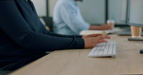 Canvas Print - Computer, hands and woman typing on a keyboard while working on a corporate project in office. Technology, research and professional female employee planning company strategy, proposal or report.