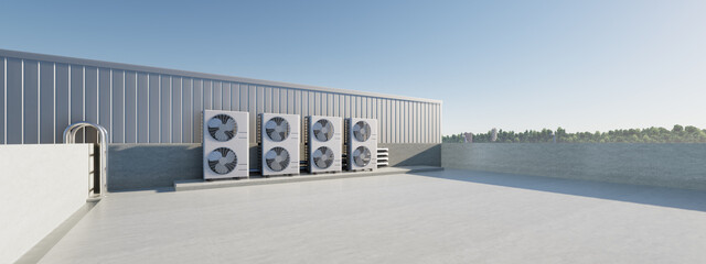 Wall Mural - 3d rendering of condenser unit or compressor on rooftop of industrial plant, factory. Unit of ac or air conditioner, hvac or heating ventilation and air conditioning system. Motor, pump and fan inside