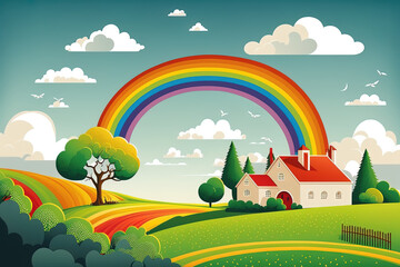 Wall Mural - summer countryside with rainbows. Countryside homes and fields may be seen in the backdrop. Generative AI