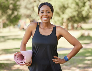 Poster - Portrait of black woman in park with yoga mat and smile in nature for health and fitness mindset and care. Exercise, zen and yoga, happy face on woman ready for pilates workout on grass in summer sun