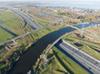 The Aqueduct Vechtzicht near Muiden, A1 motrway highway, dutch infrastructure. Widest aqueduct in Europe. The Netherlands.