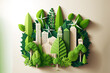 © The 2R Artificiality - Green leaf image in the paper art style with trees, city building silhouettes, windmills, and solar panels. the preservation of ecology. a green energy idea. Generative AI