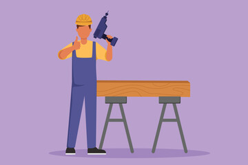 Wall Mural - Character flat drawing carpenter standing with drill and thumbs up gesture, working for wood industry and must be skilled at using carpentry tools. House renovation. Cartoon design vector illustration