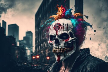 Wall Mural - illustration of a evil clown wearing evil makeup scary face look at you with urban cityscape background