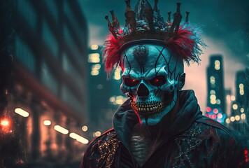 illustration of a evil clown wearing evil makeup scary face look at you with urban cityscape background