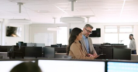 Poster - Tablet, collaboration and walking with a business team using an online search for research in an office together. Teamwork, meeting and planning with a man manager and woman employee talking strategy
