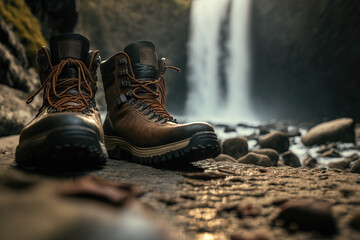 close-up of boots in front of a waterfall