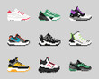Pixel sneaker icons set. Footwear design for logo, sticker, games, web and mobile app. Vector illustration.