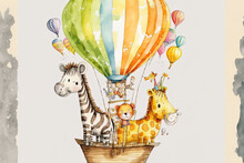 Cartoon Giraffe, Zebra, Tiger, And Monkey On A Big Air Balloon; Watercolor Drawing That May Be Used For Children's Posters Or Cards; White, Uncluttered Backdrop. Generative AI