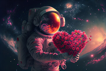 Happy Valentine's Day, greeting card. An astronaut in outer space, holding a bouquet of flowers in the shape of a heart. Created with Generative AI technology.