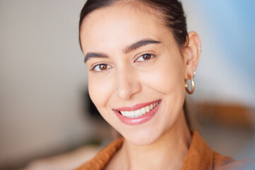 portrait, face and beauty with a woman, happy indoors with her cosmetic skincare products or routine