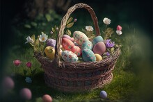 Basket Of Easter Eggs In The Park Ai Generative