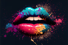 Abstract Glowing Female Lips In Splashes Of Colored Lipstick And Glitter. Dark Background. AI Generated.