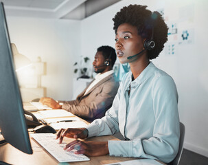 Customer support team, communication and computer consultant on telecom microphone, CRM software or IT customer service. Contact us call center, flare light and telemarketing black people consulting
