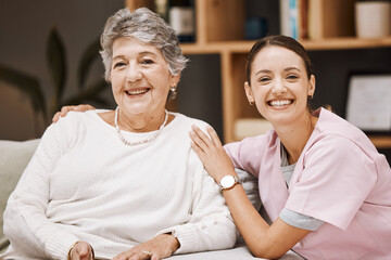 Poster - Caregiver, senior woman and support portrait for healthcare wellness, medical professional and patient happiness in retirement home. Elderly person, nurse and happy smile together in nursing home