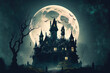 Halloween gloomy castle with a backdrop of the moon. Generative AI