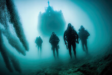 Divers In A Group In Mud Poor Visibility In The Sea, Risky Diving. Generative AI