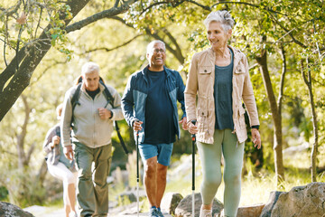 hiking, elderly and people, happy outdoor with nature, fitness and fun in park, exercise group trekk