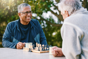 chess, nature and retirement with senior friends playing a boardgame while bonding outdoor during su