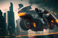  Colorful Surreal Futuristic Flying Motorcycle In A Night City. Generative AI. Flying Motorcycle Of The Future. The Most Beautiful Flying Bike.