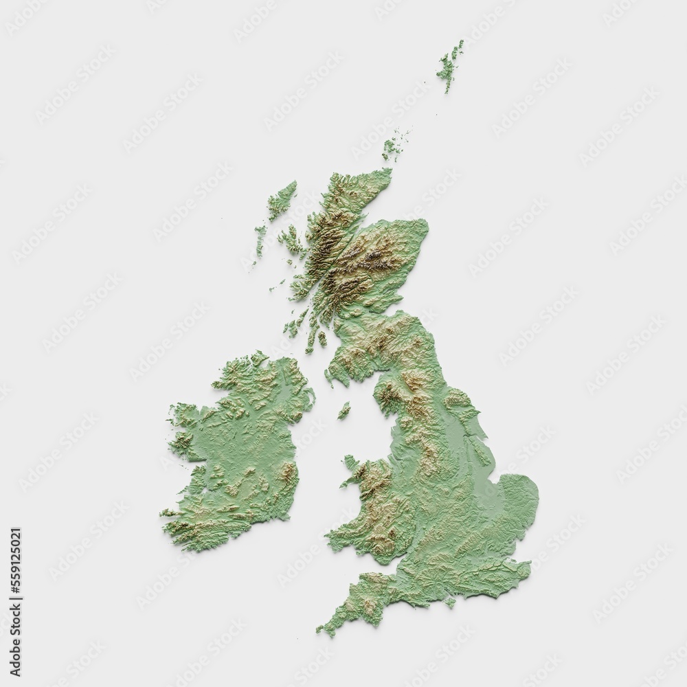 British Isles Topographic Relief Map  - 3D Render