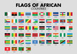 © tunigraph - African countries Flags with country names and a map on a gray background. Vector illustration.