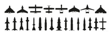 Missiles Silhouette. Military Guided Aircraft Weapon With Warheads, Black Army Munition, Flying Explosive Missilery Flat Style. Vector Collection Of Missile Silhouette, Rocket Technology Illustration