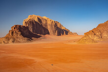 Beautiful Desert Surrounded Mountains In Wadi Rum, Jordan