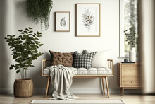 Stylish Arrangement Of A Living Room Interior In Contemporary Home Design With Mock Up Frame, Wooden Bench, Pillow, Plaid, Woman Bag, Plant, Decoration, And Elegant Personal Accessories. Generative AI