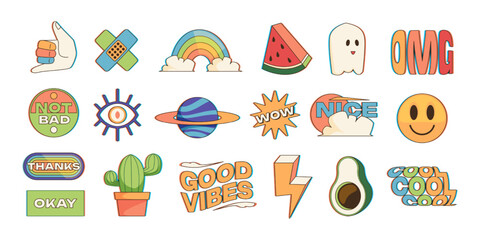 Sticker collection. Trendy geometric label with colorful retro design, cute modern hipster badges and patches with quote cartoon style. Vector isolated set of hipster trendy badge illustratioon