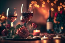 Valentine's Day Celebration With Roses And Champagne. Bokeh Background. Red Rose. Valentine Surprise. Candle Light Dinner. Generative AI