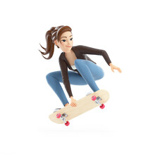 3d Cartoon Woman Jumping On Skateboard