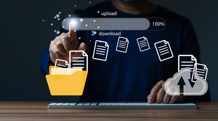 businessman upload documents from computer to backup online cloud and download copy file data from cloud network for makework in office or from home. download and upload document for business concept