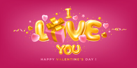 Valentines Day Greeting Banner With Convex Letters I Love You And Gift Box In Gentle Pink And Gold Colours. Celebration Background Template On Love Theme. 3d Realistic Vector illustration EPS10